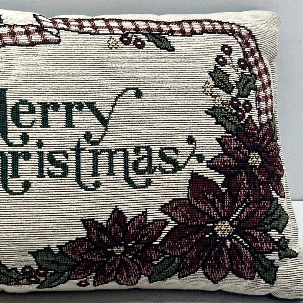 Vintage‎ Merry Christmas Tapestry Woven Throw Pillow 12x8 Holiday Decor